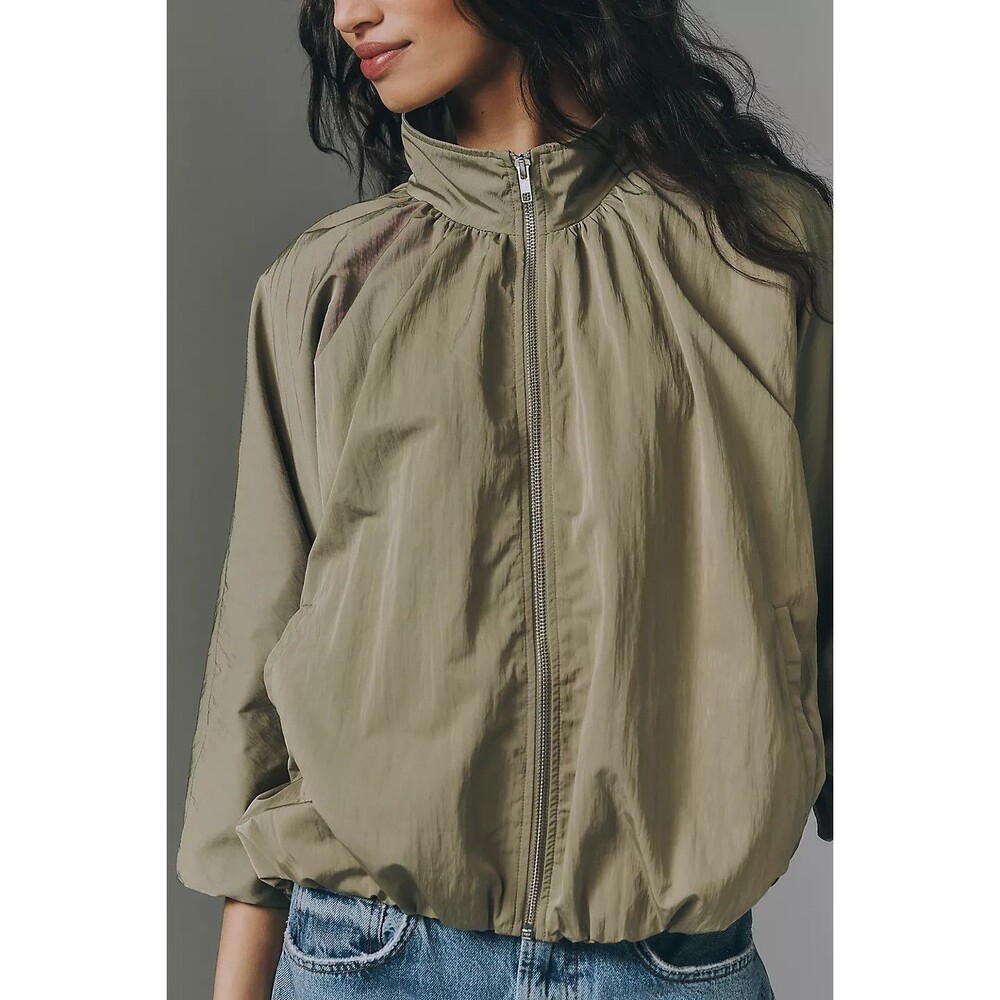 By Anthropologie Funnel-Neck Nylon Jacket Top Zip-Up Olive Oversized XL 288827